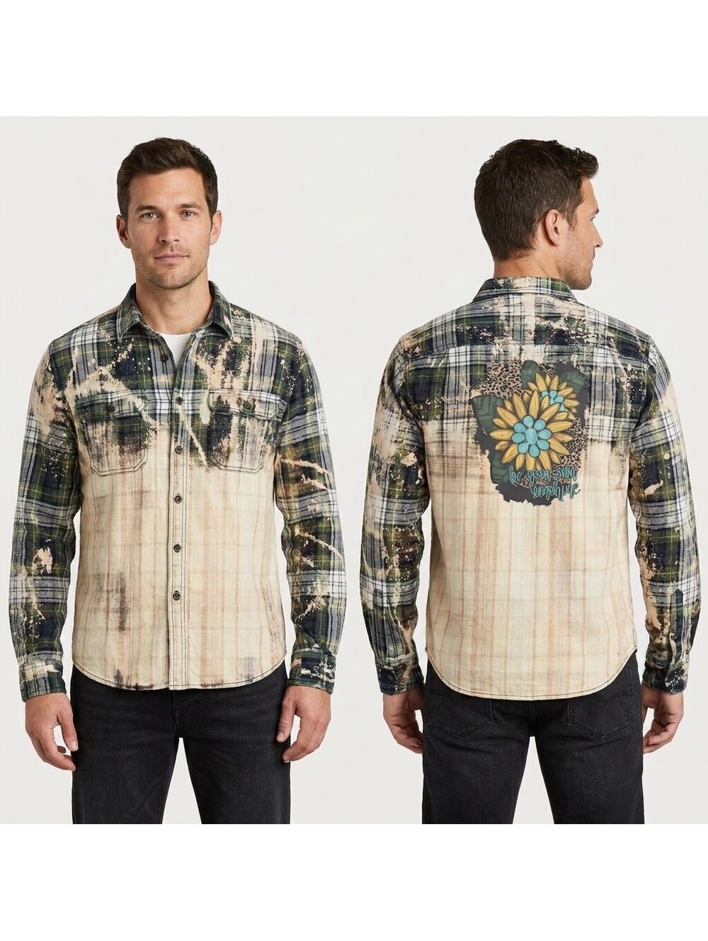 George Mens M Bleached Plaid Flannel Sunflower Graphic Grunge Shirt 38-40